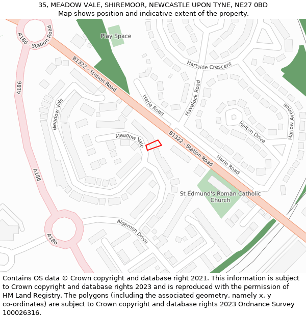 35, MEADOW VALE, SHIREMOOR, NEWCASTLE UPON TYNE, NE27 0BD: Location map and indicative extent of plot