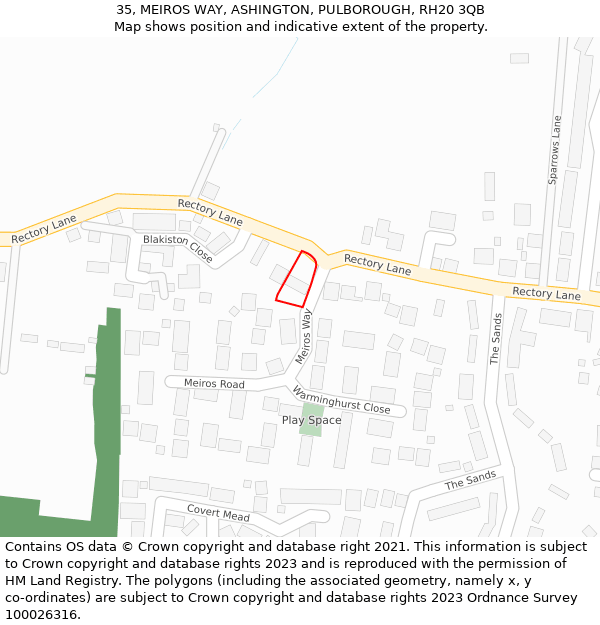 35, MEIROS WAY, ASHINGTON, PULBOROUGH, RH20 3QB: Location map and indicative extent of plot