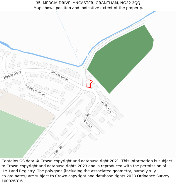 35, MERCIA DRIVE, ANCASTER, GRANTHAM, NG32 3QQ: Location map and indicative extent of plot