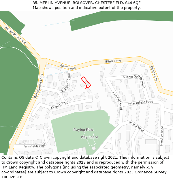 35, MERLIN AVENUE, BOLSOVER, CHESTERFIELD, S44 6QF: Location map and indicative extent of plot