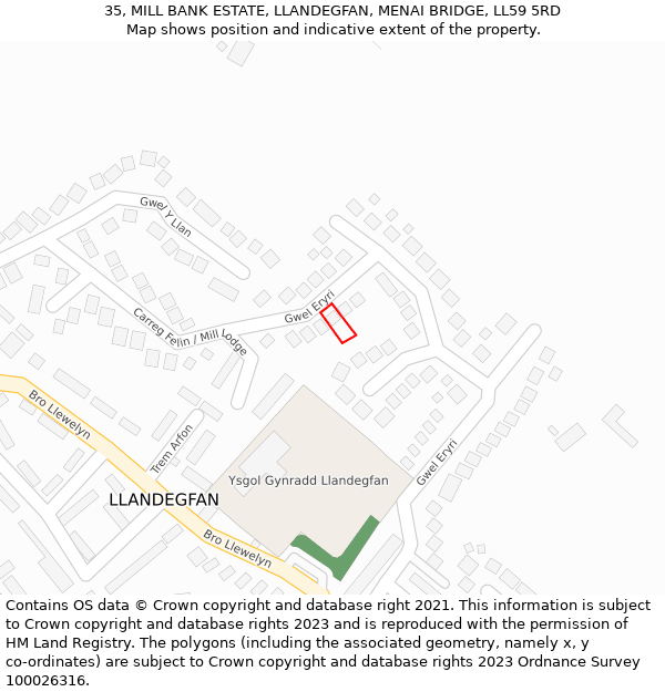 35, MILL BANK ESTATE, LLANDEGFAN, MENAI BRIDGE, LL59 5RD: Location map and indicative extent of plot