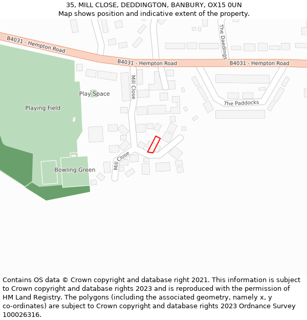 35, MILL CLOSE, DEDDINGTON, BANBURY, OX15 0UN: Location map and indicative extent of plot