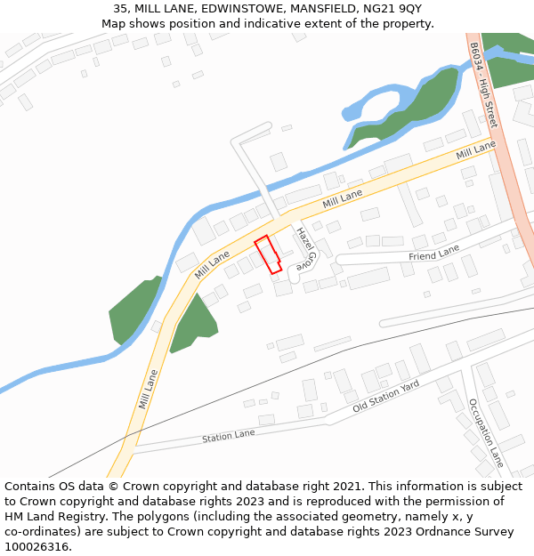 35, MILL LANE, EDWINSTOWE, MANSFIELD, NG21 9QY: Location map and indicative extent of plot