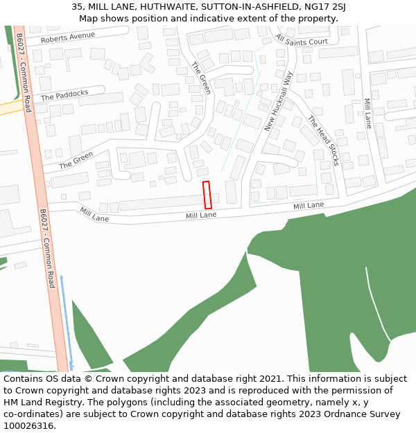 35, MILL LANE, HUTHWAITE, SUTTON-IN-ASHFIELD, NG17 2SJ: Location map and indicative extent of plot