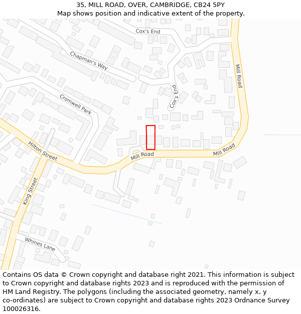 35, MILL ROAD, OVER, CAMBRIDGE, CB24 5PY: Location map and indicative extent of plot