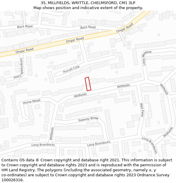 35, MILLFIELDS, WRITTLE, CHELMSFORD, CM1 3LP: Location map and indicative extent of plot