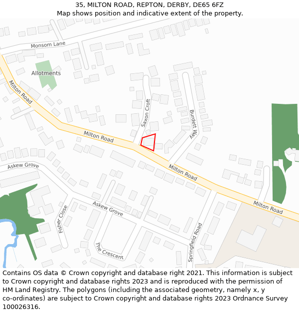 35, MILTON ROAD, REPTON, DERBY, DE65 6FZ: Location map and indicative extent of plot