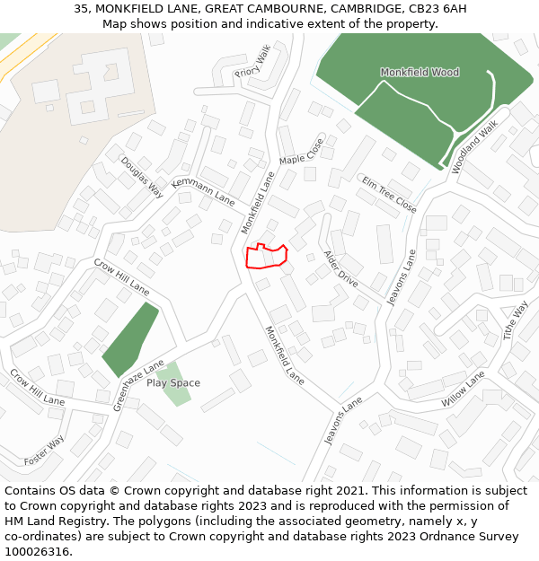 35, MONKFIELD LANE, GREAT CAMBOURNE, CAMBRIDGE, CB23 6AH: Location map and indicative extent of plot