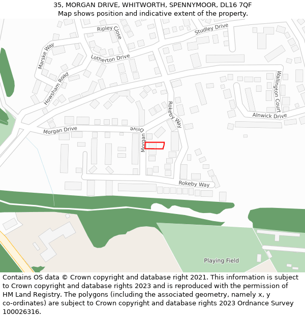 35, MORGAN DRIVE, WHITWORTH, SPENNYMOOR, DL16 7QF: Location map and indicative extent of plot