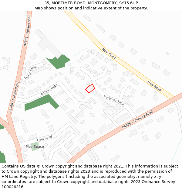 35, MORTIMER ROAD, MONTGOMERY, SY15 6UP: Location map and indicative extent of plot