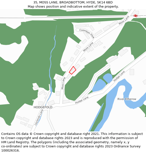 35, MOSS LANE, BROADBOTTOM, HYDE, SK14 6BD: Location map and indicative extent of plot