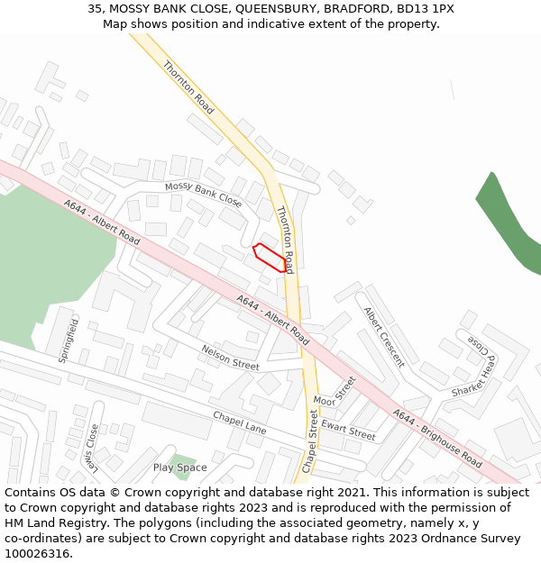 35, MOSSY BANK CLOSE, QUEENSBURY, BRADFORD, BD13 1PX: Location map and indicative extent of plot