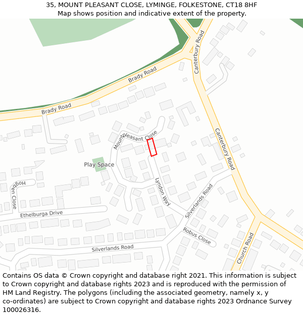 35, MOUNT PLEASANT CLOSE, LYMINGE, FOLKESTONE, CT18 8HF: Location map and indicative extent of plot