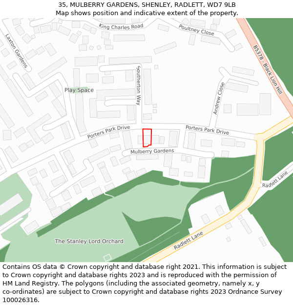 35, MULBERRY GARDENS, SHENLEY, RADLETT, WD7 9LB: Location map and indicative extent of plot