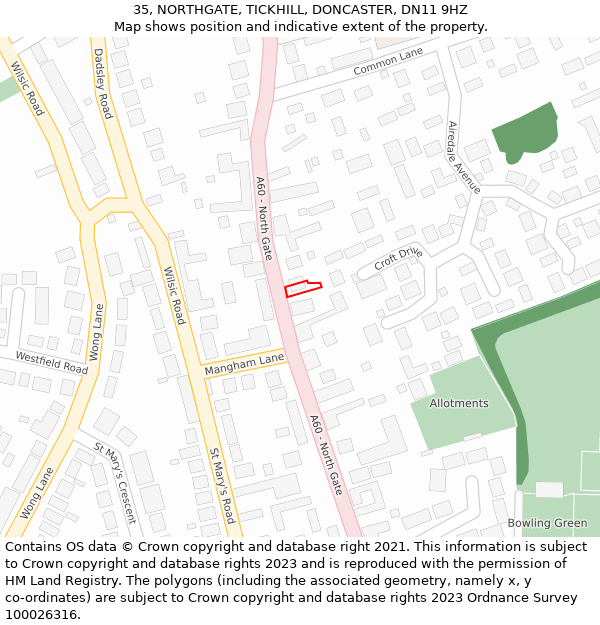 35, NORTHGATE, TICKHILL, DONCASTER, DN11 9HZ: Location map and indicative extent of plot