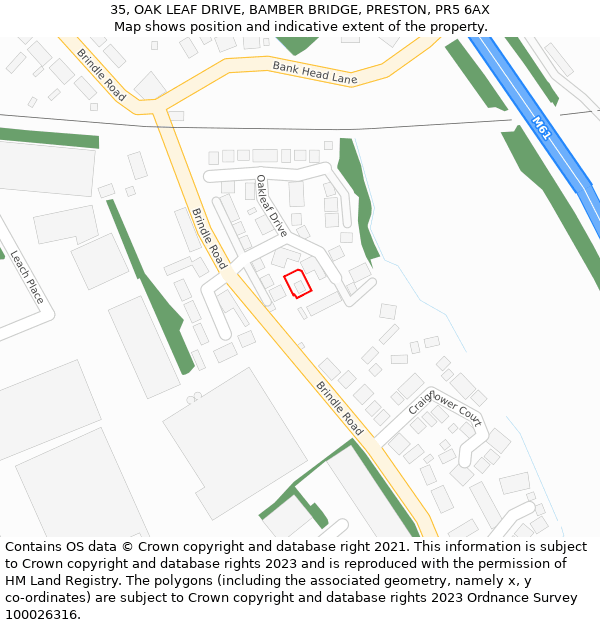 35, OAK LEAF DRIVE, BAMBER BRIDGE, PRESTON, PR5 6AX: Location map and indicative extent of plot