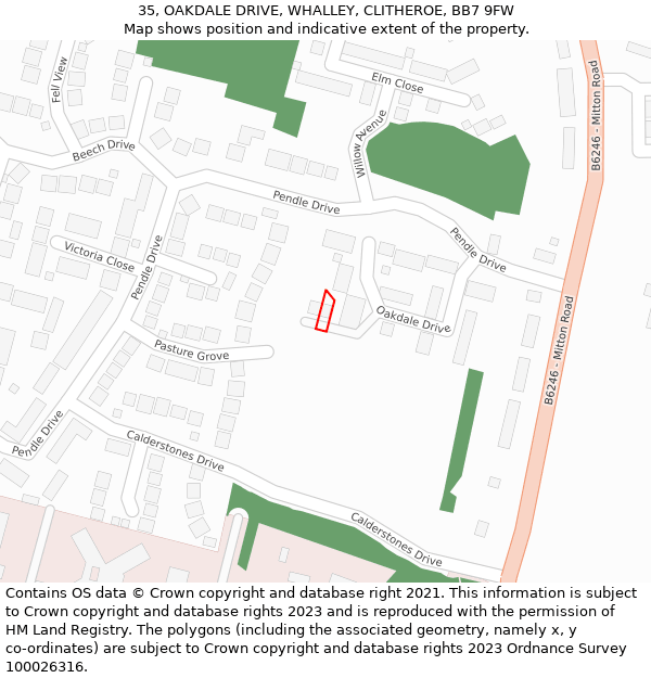 35, OAKDALE DRIVE, WHALLEY, CLITHEROE, BB7 9FW: Location map and indicative extent of plot