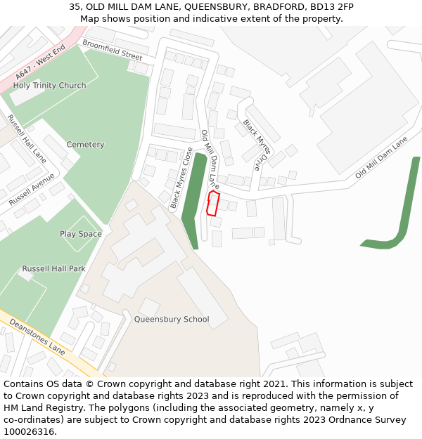 35, OLD MILL DAM LANE, QUEENSBURY, BRADFORD, BD13 2FP: Location map and indicative extent of plot