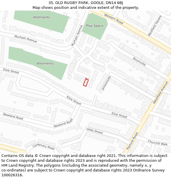 35, OLD RUGBY PARK, GOOLE, DN14 6BJ: Location map and indicative extent of plot