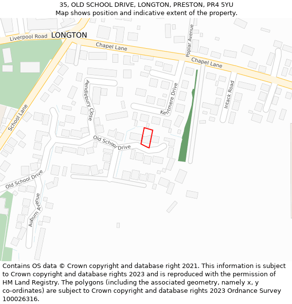 35, OLD SCHOOL DRIVE, LONGTON, PRESTON, PR4 5YU: Location map and indicative extent of plot