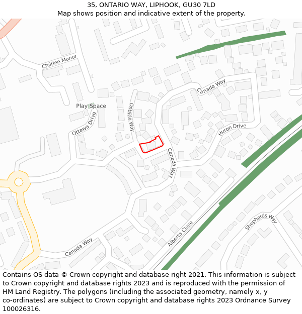 35, ONTARIO WAY, LIPHOOK, GU30 7LD: Location map and indicative extent of plot