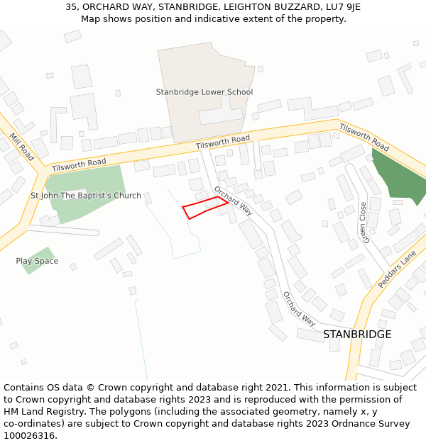 35, ORCHARD WAY, STANBRIDGE, LEIGHTON BUZZARD, LU7 9JE: Location map and indicative extent of plot
