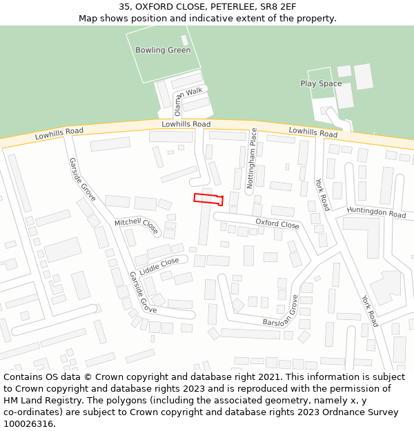 35, OXFORD CLOSE, PETERLEE, SR8 2EF: Location map and indicative extent of plot