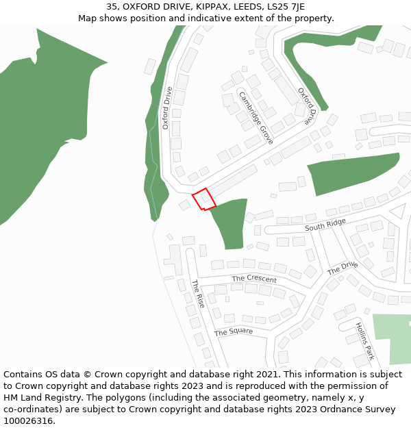 35, OXFORD DRIVE, KIPPAX, LEEDS, LS25 7JE: Location map and indicative extent of plot