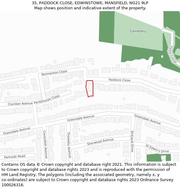 35, PADDOCK CLOSE, EDWINSTOWE, MANSFIELD, NG21 9LP: Location map and indicative extent of plot