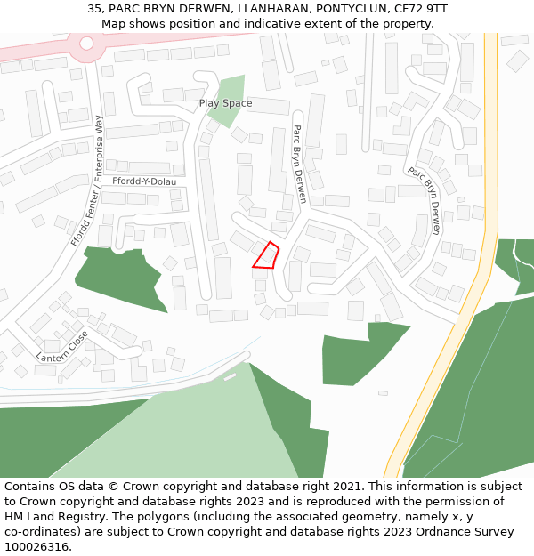 35, PARC BRYN DERWEN, LLANHARAN, PONTYCLUN, CF72 9TT: Location map and indicative extent of plot