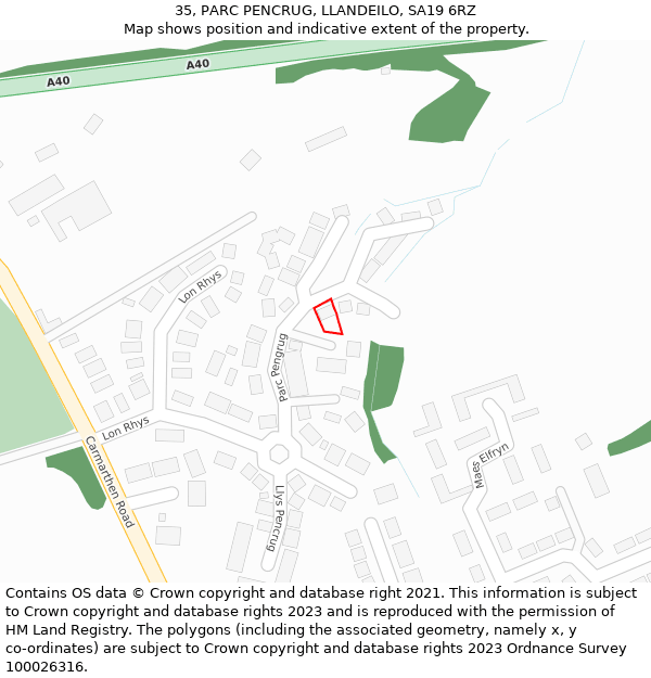 35, PARC PENCRUG, LLANDEILO, SA19 6RZ: Location map and indicative extent of plot