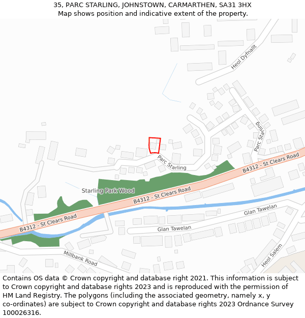 35, PARC STARLING, JOHNSTOWN, CARMARTHEN, SA31 3HX: Location map and indicative extent of plot