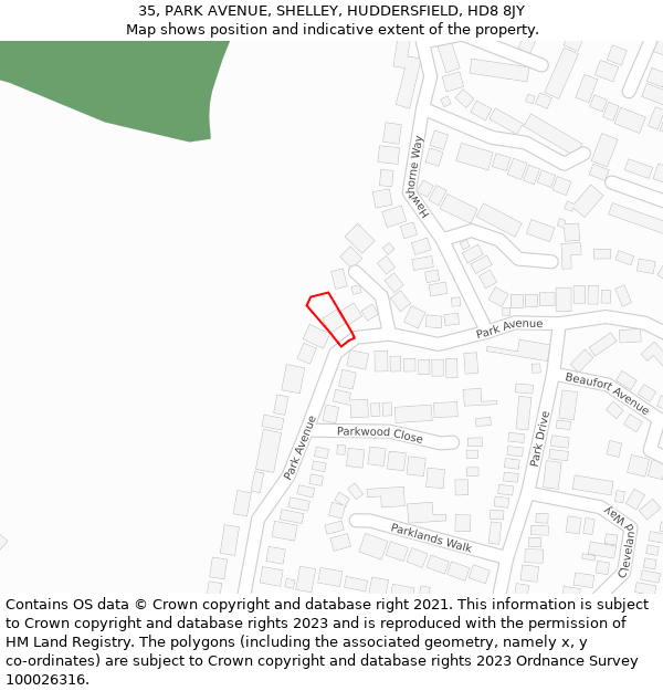 35, PARK AVENUE, SHELLEY, HUDDERSFIELD, HD8 8JY: Location map and indicative extent of plot