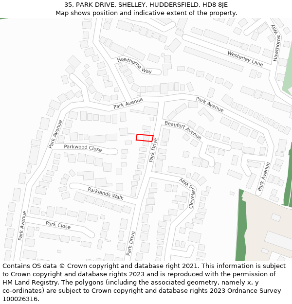 35, PARK DRIVE, SHELLEY, HUDDERSFIELD, HD8 8JE: Location map and indicative extent of plot