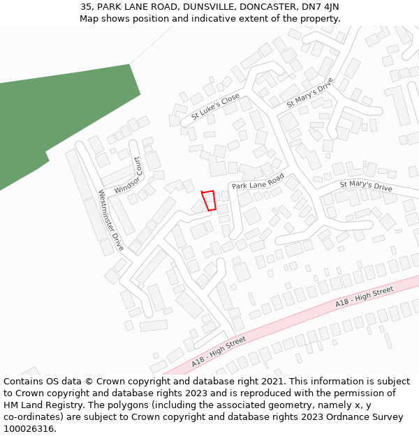 35, PARK LANE ROAD, DUNSVILLE, DONCASTER, DN7 4JN: Location map and indicative extent of plot