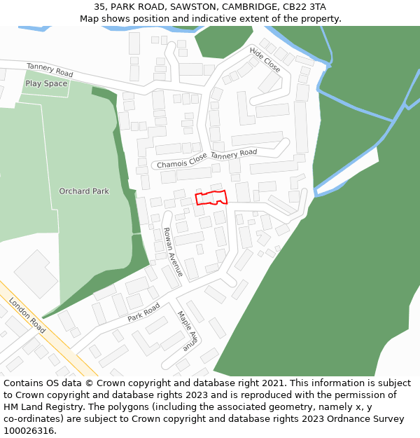 35, PARK ROAD, SAWSTON, CAMBRIDGE, CB22 3TA: Location map and indicative extent of plot