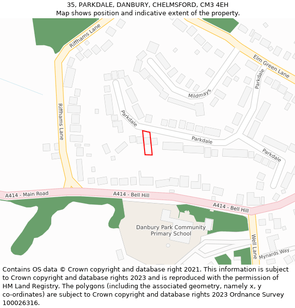 35, PARKDALE, DANBURY, CHELMSFORD, CM3 4EH: Location map and indicative extent of plot