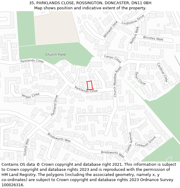 35, PARKLANDS CLOSE, ROSSINGTON, DONCASTER, DN11 0BH: Location map and indicative extent of plot