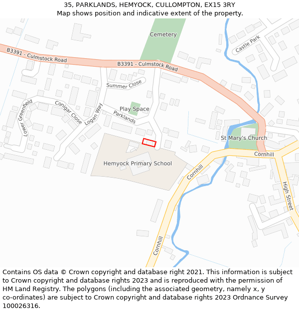 35, PARKLANDS, HEMYOCK, CULLOMPTON, EX15 3RY: Location map and indicative extent of plot