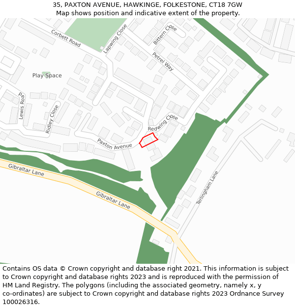 35, PAXTON AVENUE, HAWKINGE, FOLKESTONE, CT18 7GW: Location map and indicative extent of plot