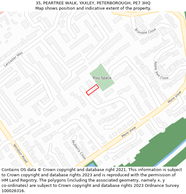 35, PEARTREE WALK, YAXLEY, PETERBOROUGH, PE7 3HQ: Location map and indicative extent of plot