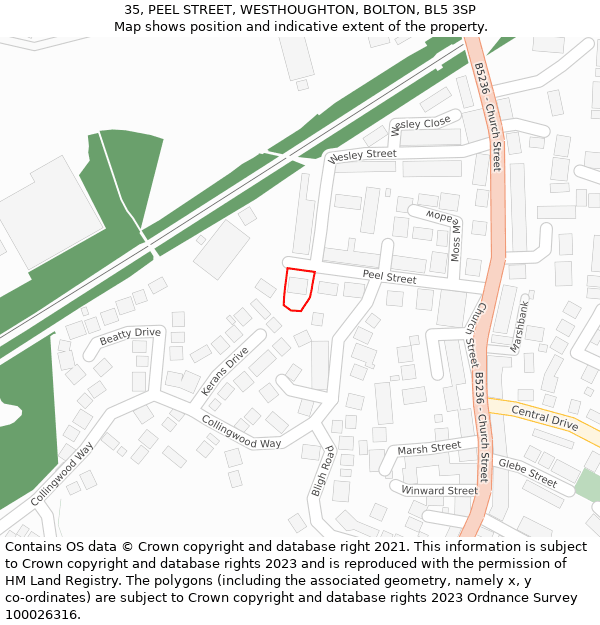 35, PEEL STREET, WESTHOUGHTON, BOLTON, BL5 3SP: Location map and indicative extent of plot