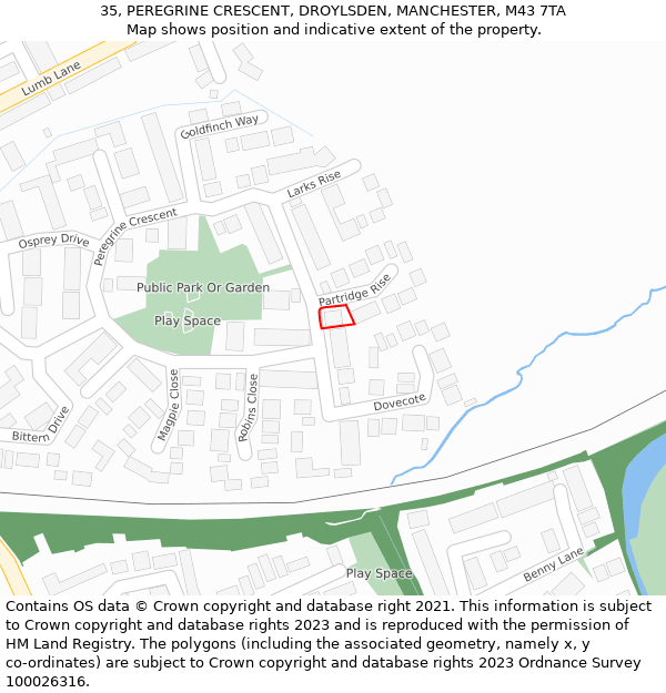 35, PEREGRINE CRESCENT, DROYLSDEN, MANCHESTER, M43 7TA: Location map and indicative extent of plot