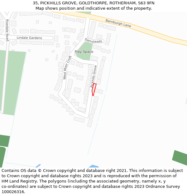 35, PICKHILLS GROVE, GOLDTHORPE, ROTHERHAM, S63 9FN: Location map and indicative extent of plot