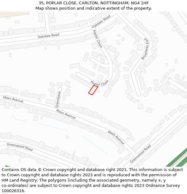 35, POPLAR CLOSE, CARLTON, NOTTINGHAM, NG4 1HF: Location map and indicative extent of plot