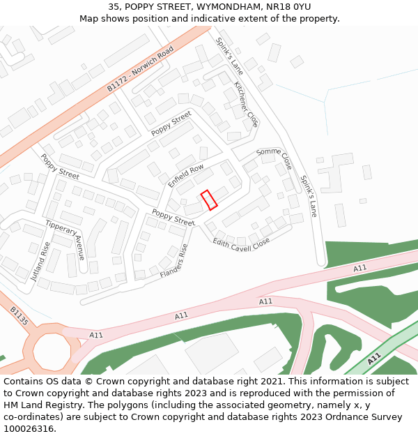 35, POPPY STREET, WYMONDHAM, NR18 0YU: Location map and indicative extent of plot
