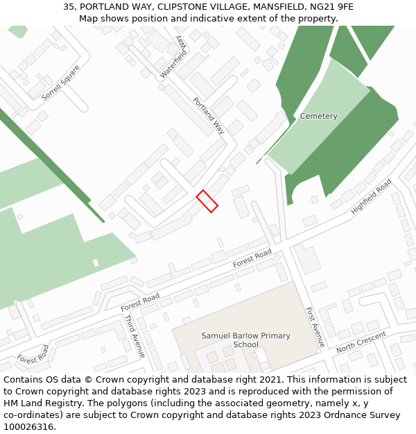 35, PORTLAND WAY, CLIPSTONE VILLAGE, MANSFIELD, NG21 9FE: Location map and indicative extent of plot