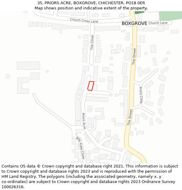 35, PRIORS ACRE, BOXGROVE, CHICHESTER, PO18 0ER: Location map and indicative extent of plot