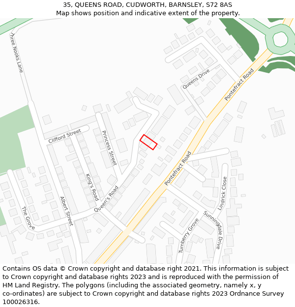 35, QUEENS ROAD, CUDWORTH, BARNSLEY, S72 8AS: Location map and indicative extent of plot