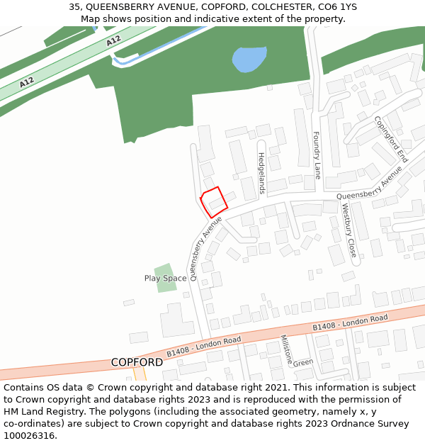 35, QUEENSBERRY AVENUE, COPFORD, COLCHESTER, CO6 1YS: Location map and indicative extent of plot